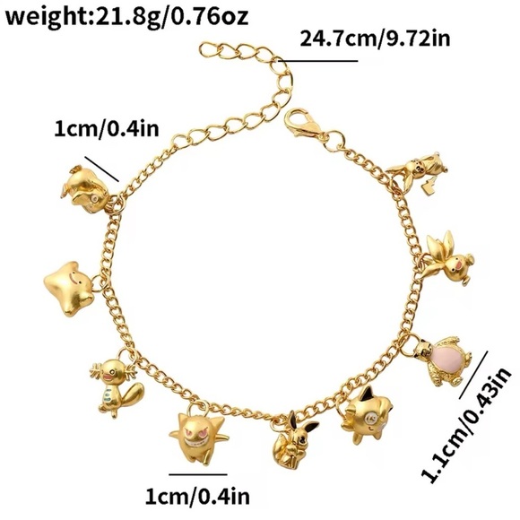 24K Gold Pokemon Characters Charm Bracelet Adjusta Sizing Anime Kawaii - Picture 7 of 7